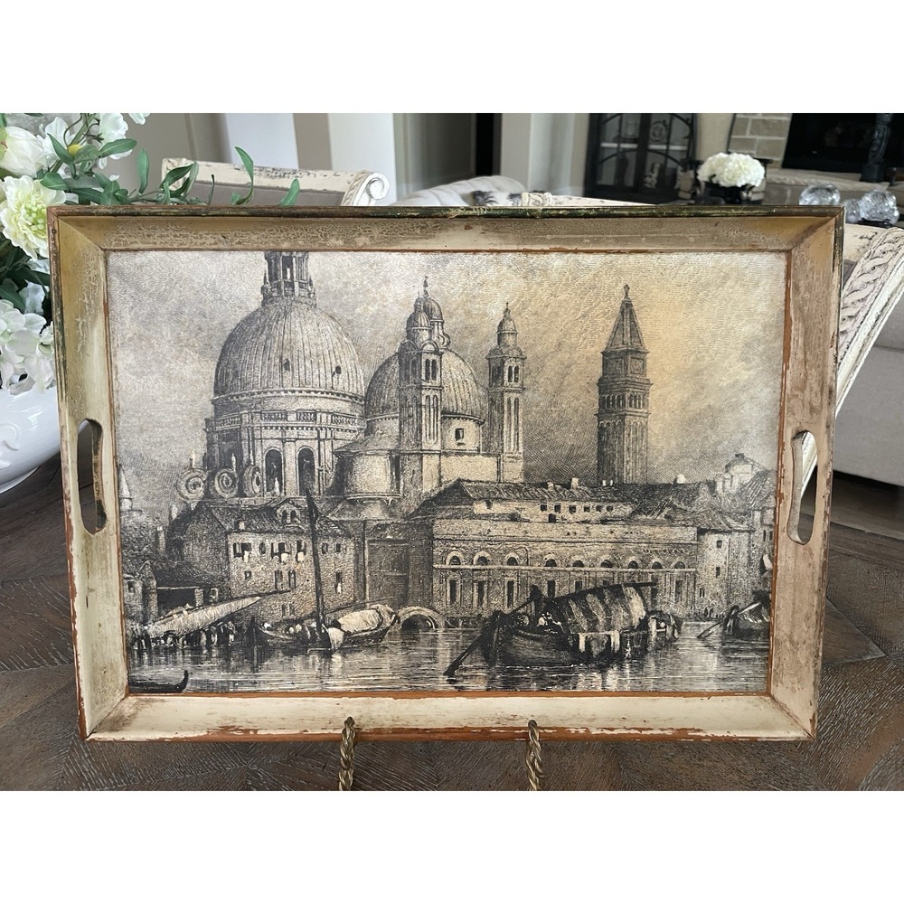 Vtg Lady Clare Lg Handled Serving Tray Black White Grand Canal Venice 13x19"